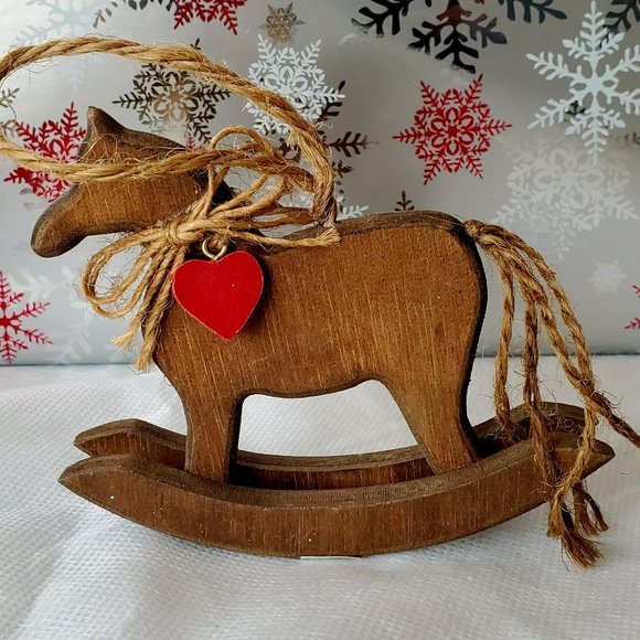 Vintage "Midwest" Taiwan Wooden Rocking Horse w/ Heart Christmas Ornament - Picture 2 of 8
